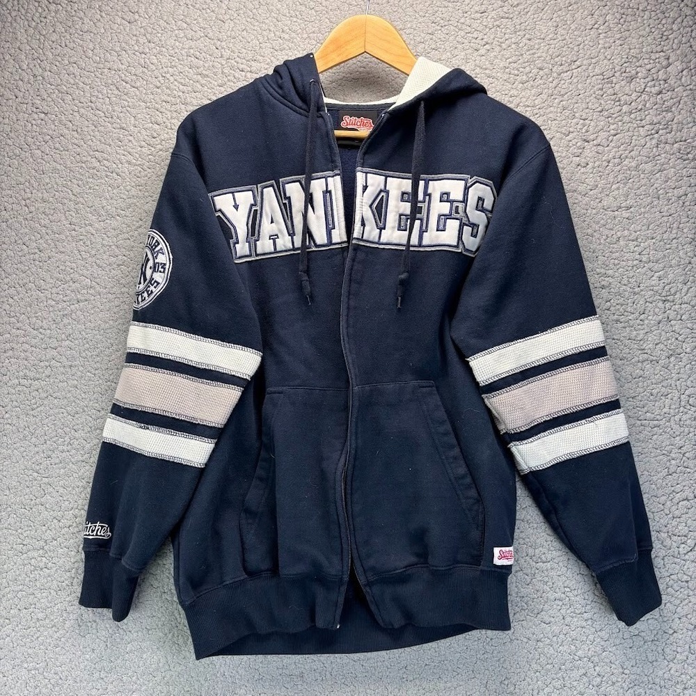 VTG Stitches NY Yankees Hoodie Mens S Blue Y2K Baggy Logo Full (BROKEN) Zip READ